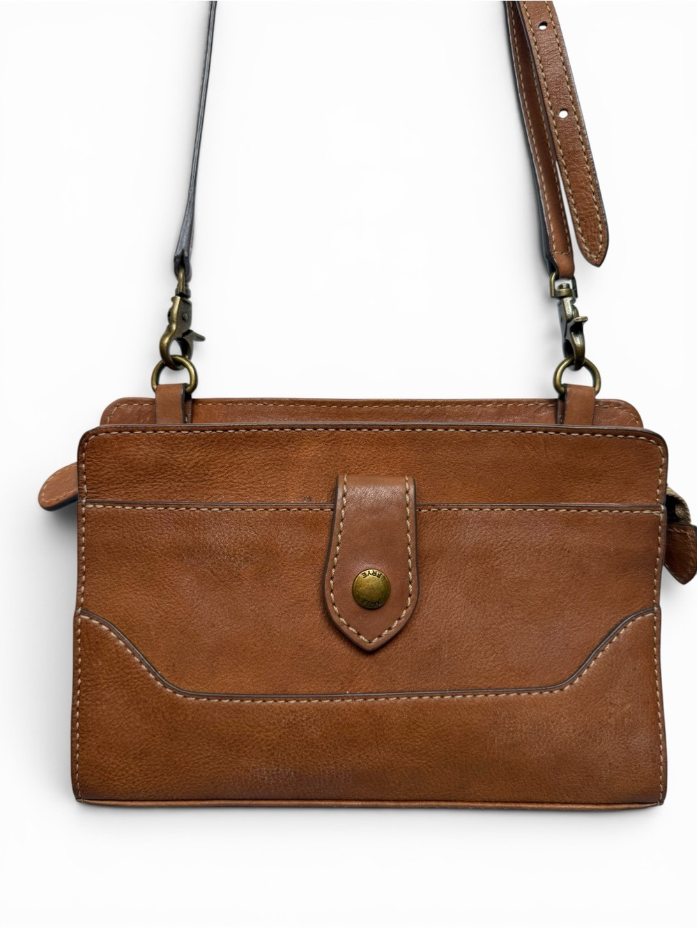 Frye Leather Crossbody Wallet Bag Cognac Brown Organizer Purse Adjustable Strap
